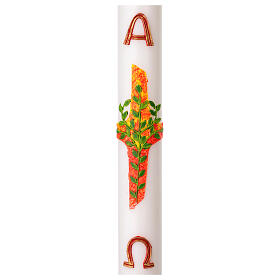 Cero pasquale bianco croce rossa rilievi foglie d'ulivo verdi alpha ed omega 8x120 cm