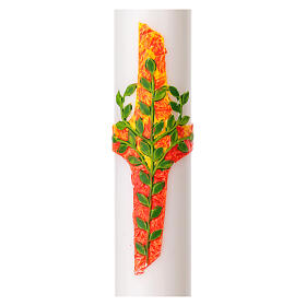 Círio pascal branco cruz vermelha relevo folhas de oliveira verdes alfa e ómega 8x120 cm