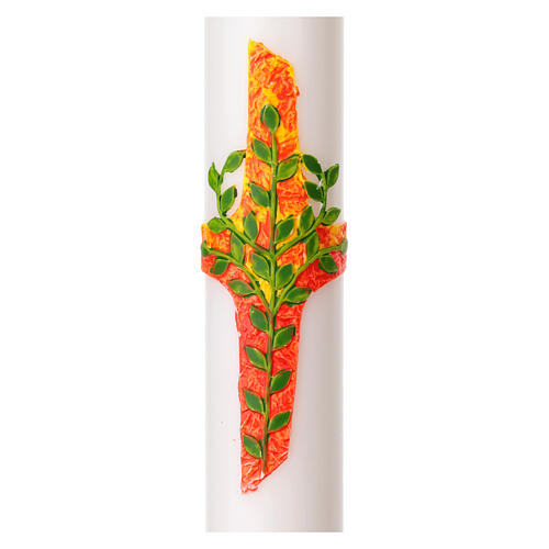 Círio pascal branco cruz vermelha relevo folhas de oliveira verdes alfa e ómega 8x120 cm 2