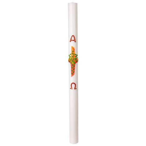 Paschal Candle White with Red Cross and Green Olive Leaf Embossments Alpha and Omega 8x120 cm 3