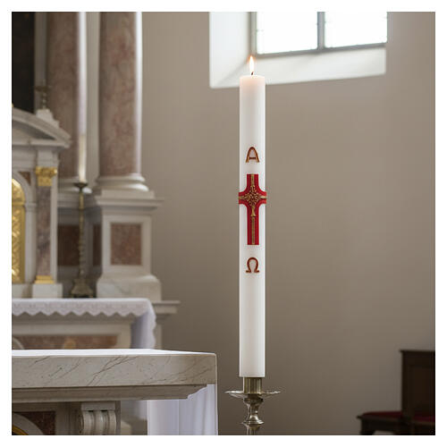 Círio pascal DIÂM. 10 CM cruz vermelha detalhes dourados cruz árvore da vida alfa ómega 120 cm 2