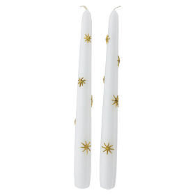 Set of 2 white conical Christmas candles with golden stars, 10 in