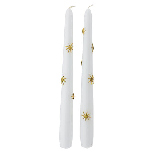 Conjunto 2 velas natalícias cónicas brancas com estrelinhas douradas 25 cm 1