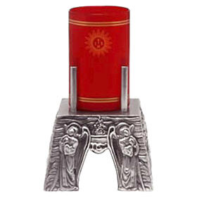 Lamparina para o Santíssimo de mesa bronze prateado base com anjos 9x13x13 cm diâmetro 8 cm
