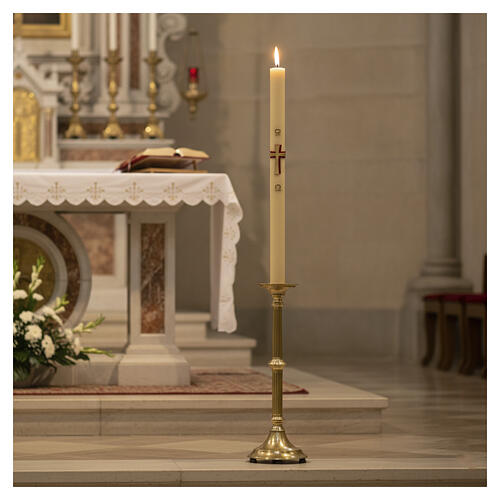 Cero pasquale cera d’api 120x8 cm con croce oro e rosso a rilievo 2