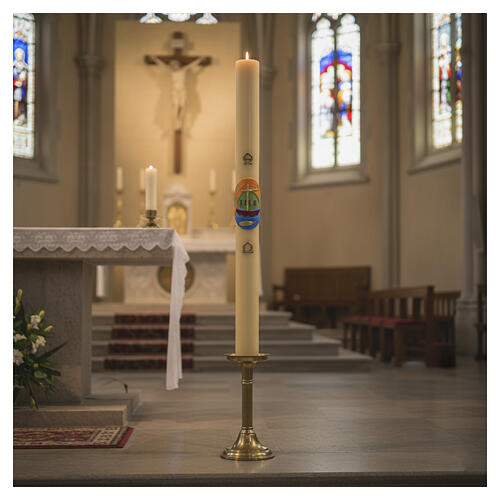 Beeswax Paschal candle with IHS and fish on a coloured background, 47x3 in 2