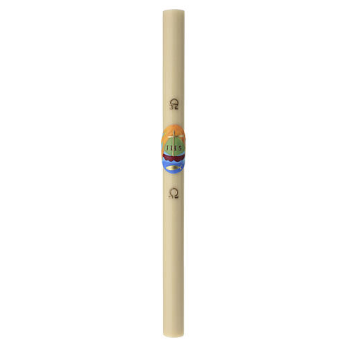 Beeswax Paschal candle with IHS and fish on a coloured background, 47x3 in 3