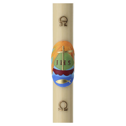 Paschal candle in beeswax 120x8 cm with IHS and fish on colored background 1