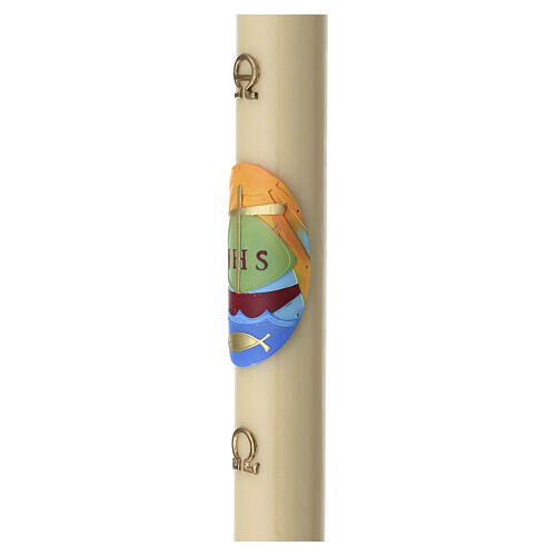 Paschal candle in beeswax 120x8 cm with IHS and fish on colored background 4