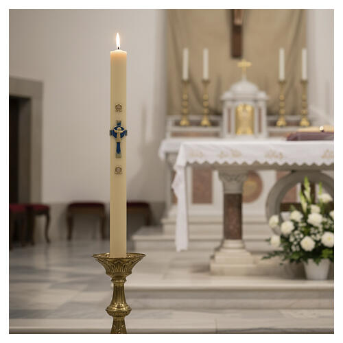 Ivory Paschal candle in beeswax with blue cross and Risen Jesus, 47x3 in 2