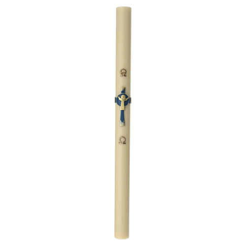 Ivory Paschal candle in beeswax with blue cross and Risen Jesus, 47x3 in 3