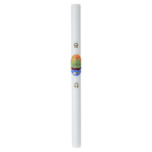 Paschal candle in white wax with IHS monogram and boat, 3x47 in 3