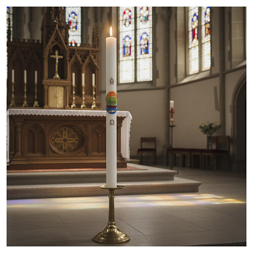 Paschal candle in white wax with Resurrected Christ on a light blue cross, 8x120cm 2