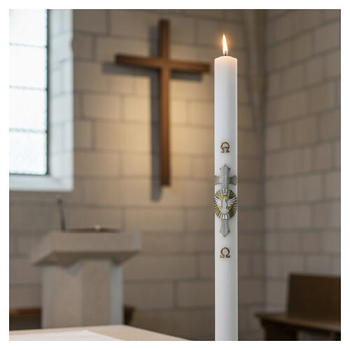 Paschal candle in white wax with embossed dove and cross, 3x47 in 4