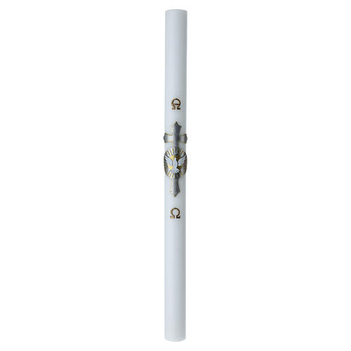 Paschal candle in white wax with white dove and cross decoration, 8x120cm 3