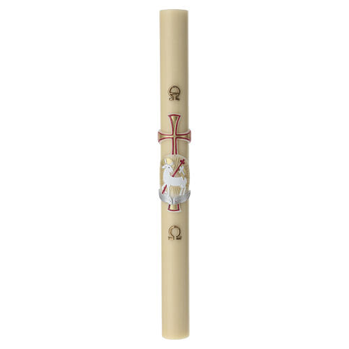 Paschal candle in beeswax with Paschal Lamb and red cross, 35x3 in 3