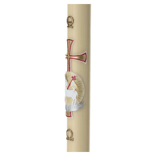 Paschal candle in beeswax with Paschal Lamb and red cross, 35x3 in 4
