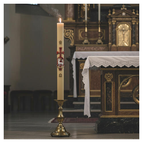 Paschal Candle, ivory 90x8 cm in beeswax with Paschal Lamb on red background 2