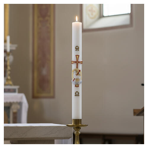 Paschal candle in white wax 90x8 cm with Lamb of God and cross symbol 2