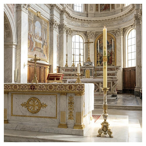 Cierge pascal paraffine en relief IHS floral et colombes 8x120 cm 2