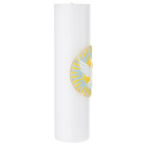 Altar candle in white wax with dove and sun, 12x3 in 4