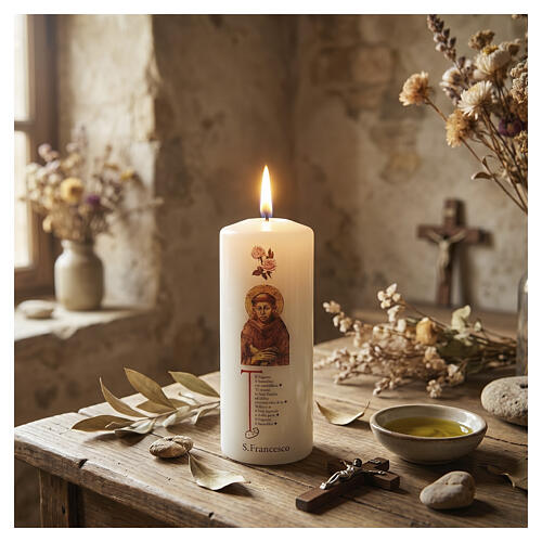 Candelotto San Francesco 15x6 cm bianco con preghiera 2