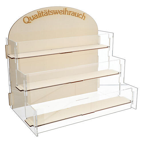 "Qualitätsweihrauch" Ausstellungsregal aus Holz und Plexiglas fűr Weihrauch mit drei Reihen 2