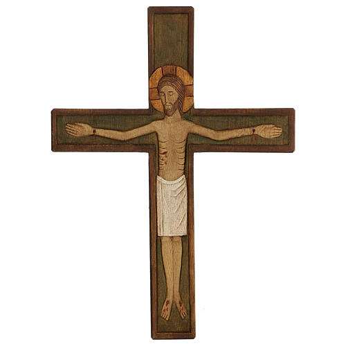Cristo na cruz madeira relevo pintado 32 cm 1