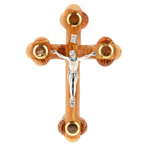 Trefoil cross crucifix in olive wood with relics 13x9,5 1