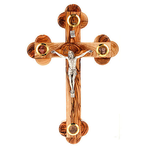 Trefoil cross crucifix in olive wood with relics 25x18 1