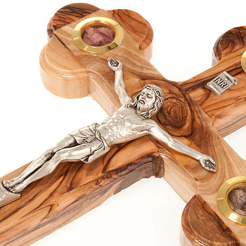 Trefoil cross crucifix in olive wood with relics 25x18 3