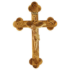 Holy Land Cross in natural olive wood, trefoil and decorated