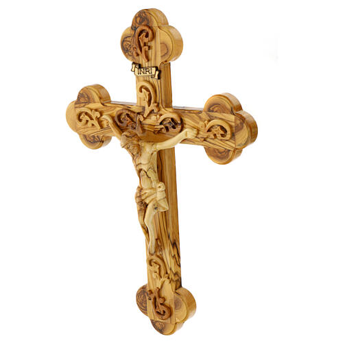 Holy Land Cross in natural olive wood, trefoil and decorated 3