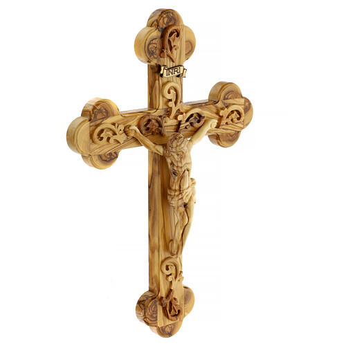 Holy Land Cross in natural olive wood, trefoil and decorated 4