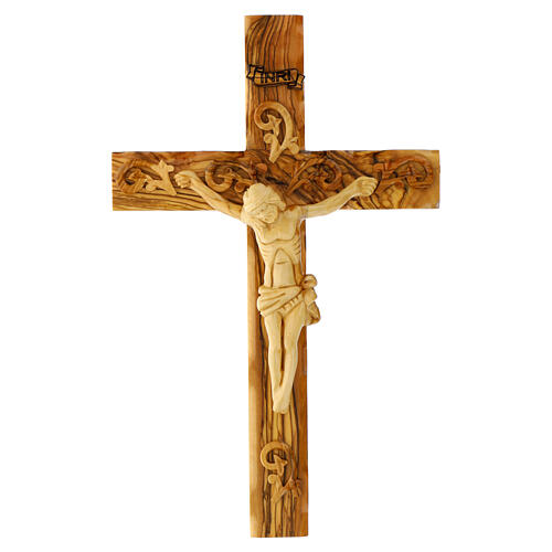 Decorated Holy Land Cross in natural olive wood 1