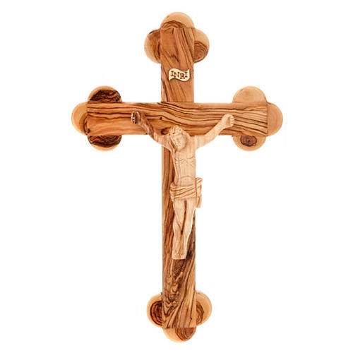 Crucifix terre sainte tréflé, bois d'olivier naturel 1