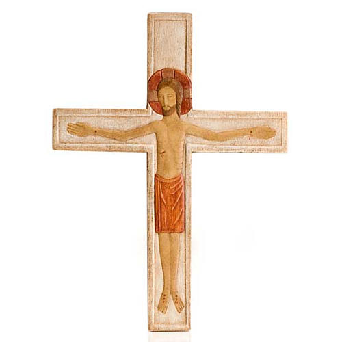 Cristo na cruz madeira relevo pintado branco 1