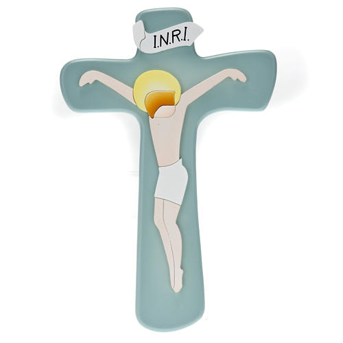 Croix bois coloré Christ stylisé en relief 1
