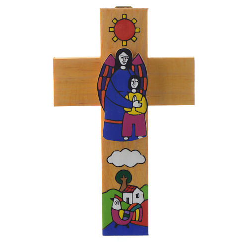 Kreuz mit Schutzengel aus emaillierten Holz. 1