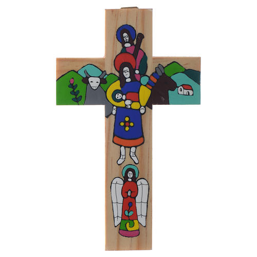 Kreuz mit heiliger Familie aus emaillierten Holz. 1