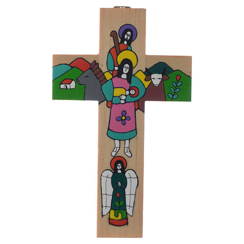 Kreuz mit heiliger Familie aus emaillierten Holz. 2