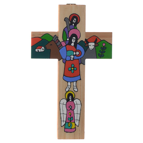 Kreuz mit heiliger Familie aus emaillierten Holz. 3