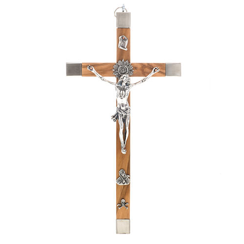 Crucifix pour prêtre en bois olivier et acier 30x15cm 1