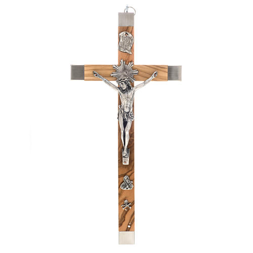 Crucifix for priests in olive wood and stainless steel 36x13 cm 1