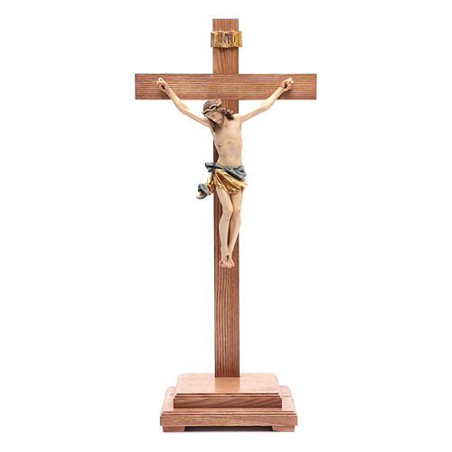 Crucifix with base, straight cross in coloured Valgardena wood 1