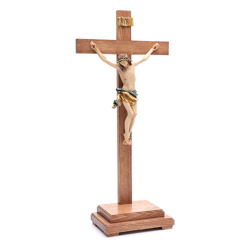 Crucifix with base, straight cross in coloured Valgardena wood 4