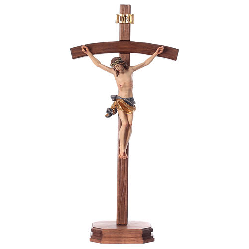 Crucifix with base, curved cross in coloured Valgardena wood 1