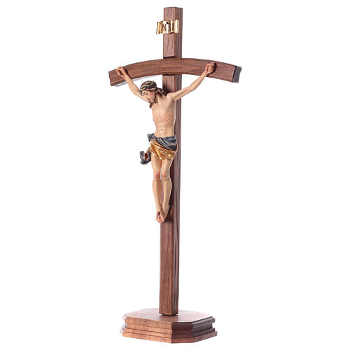 Crucifix with base, curved cross in coloured Valgardena wood 3