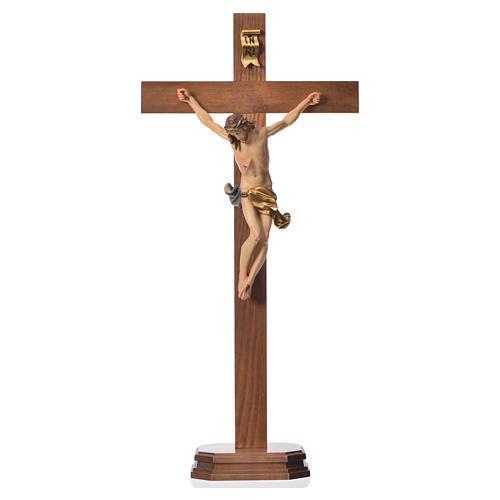 Crucifix with base, straight cross Valgardena wood Corpus model 5