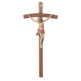 Crucifix, curved, Corpus model in multi-patinated Valgardena woo